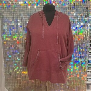 NWOT 2x Women's Burgundy Heather Lightweight Hoodie Top with Ruffle Detail